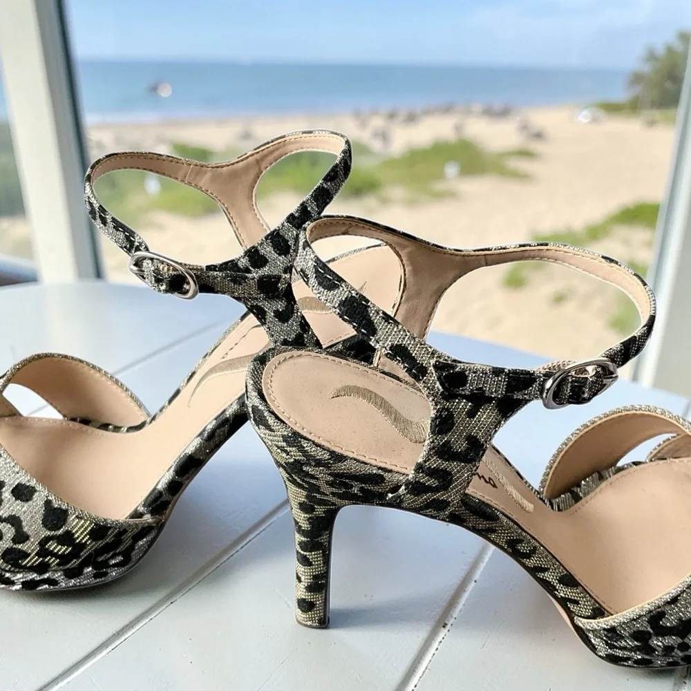 Nina Sparkle Silver Leopard Print Heeled Sandals with Ankle Strap - Picture 5 of 12